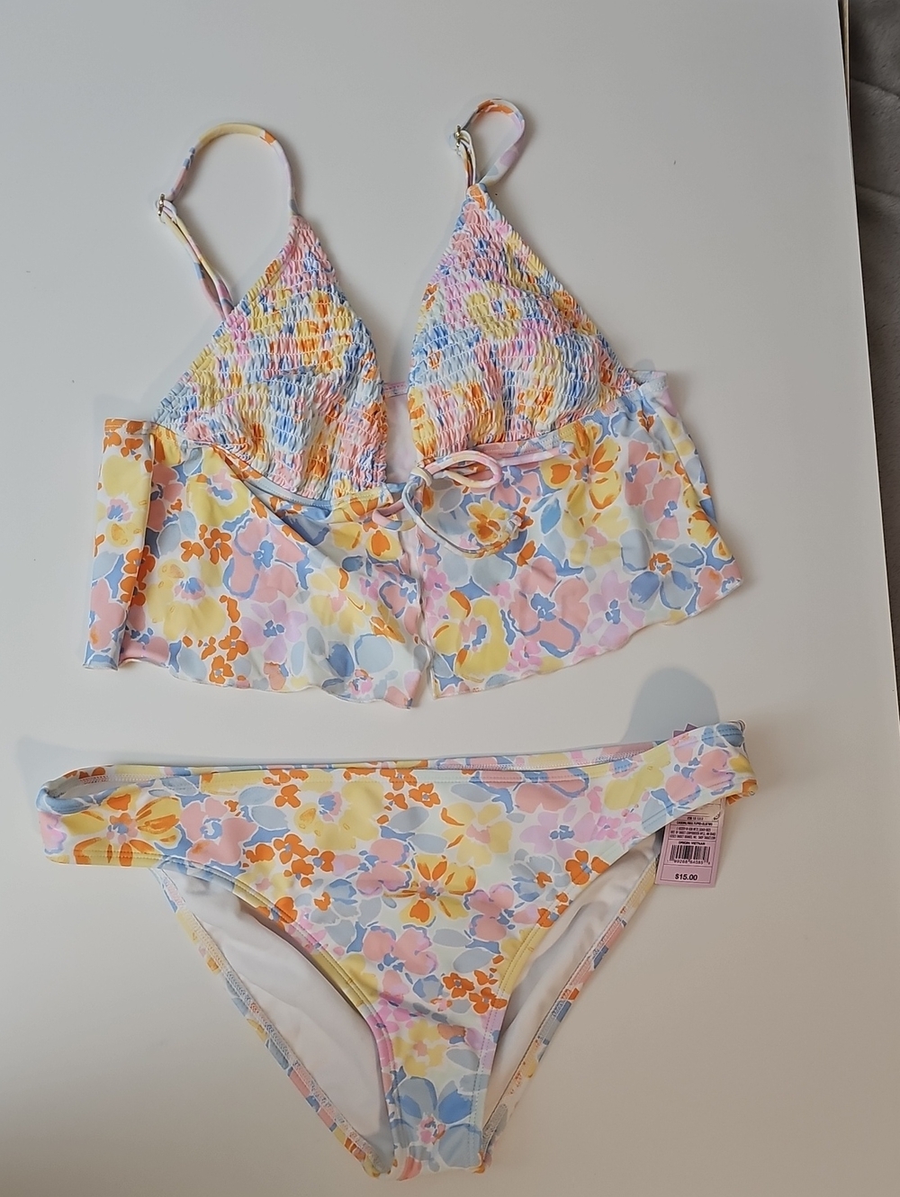 Wild Fable Women's L Pastel Floral Smocked Tankini Style Bikini Set